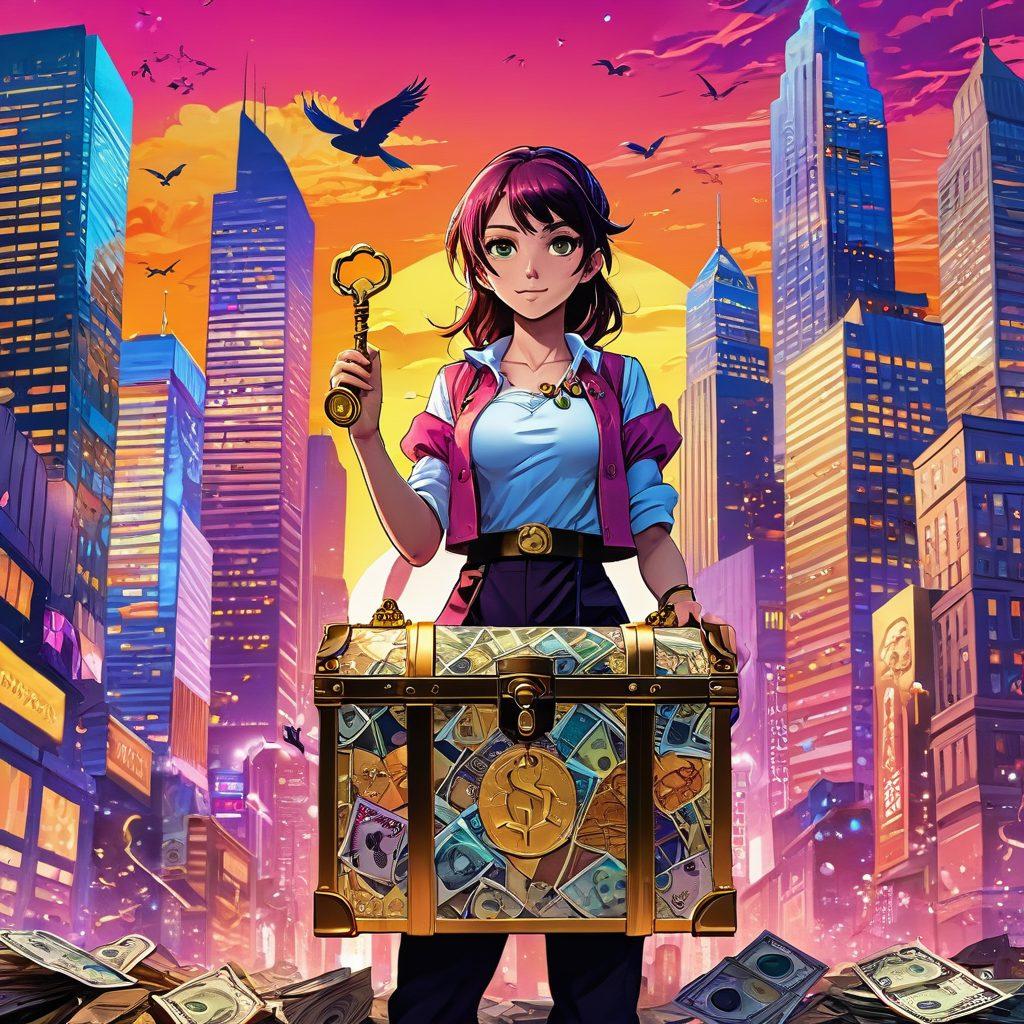 A whimsical illustration of a fantasy world where colorful adult anime characters navigate through a vibrant city made of gold coins and dollar bills. In the foreground, a confident character holds a magical key that unlocks a treasure chest overflowing with opportunities, symbolizing financial freedom. The background features towering skyscrapers representing success and ambition, with a sunset that blends vibrant colors. The scene is lively, full of energy and inspiration. comic book style. vibrant colors.