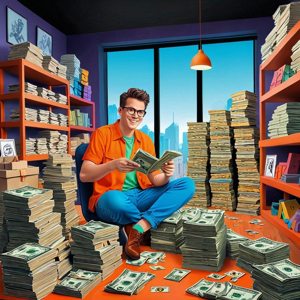 A whimsical scene depicting a vibrant adult animation studio filled with creative characters, sketches, and animation tools. In the foreground, a cartoon character joyfully counts stacks of money, symbolizing financial success. The backdrop features colorful storyboards and a playful atmosphere, suggesting freedom and creativity in adult animation. Stepping stones leading to a treasure chest filled with cash represent the journey from passion to profit. The image should have a playful and energetic style, with bright colors and a hint of cheekiness. vibrant colors. vector art.